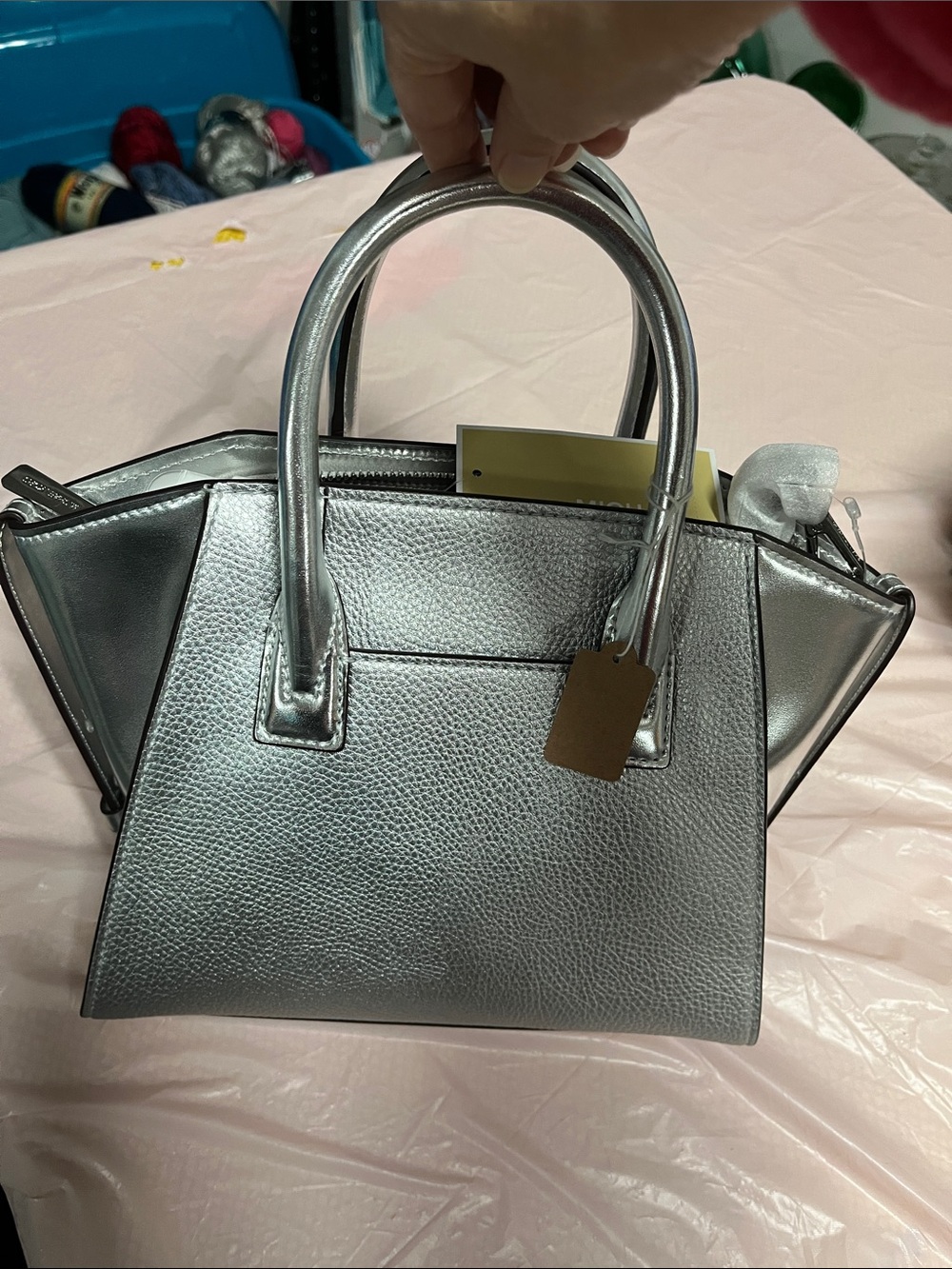 Michael Kors Silver Metallic Patchwork Satchel with MK Charm,cross body strap - Picture 3 of 4